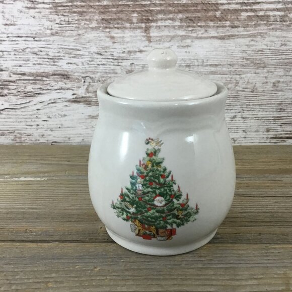 Christmas Tree Stoneware Sugar Bowl With Lid 4.25" Tall Made In China - Picture 3 of 8